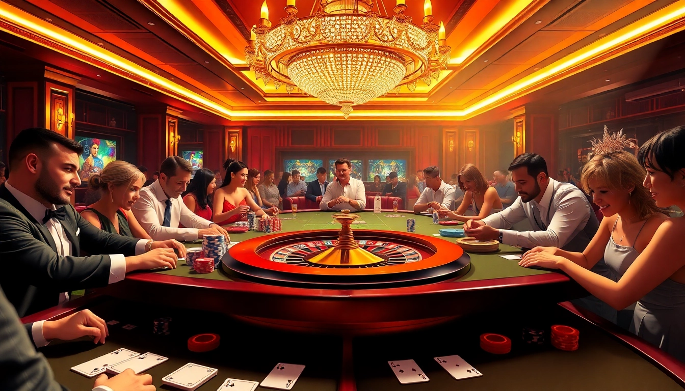 Players engaging in high-stakes games at a luxurious คาสิโนออนไลน์เว็บตรงในประเทศไทย gaming table with vibrant poker chips.