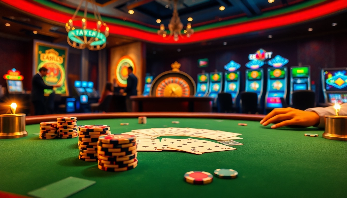 Featuring the E1 Platform, players showcase their skills at a lavish poker table in a vibrant casino.