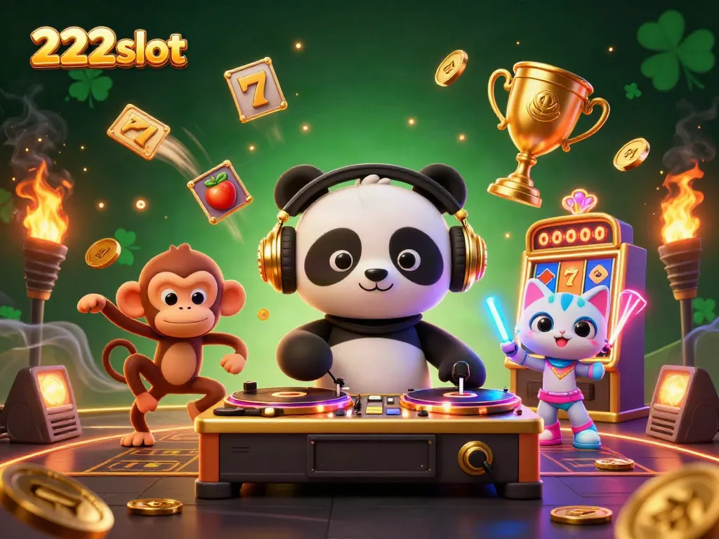 Roda berputar dan simbol keberuntungan dari 222slot berwarna-warni di tengah DJ panda dengan headphone emas.