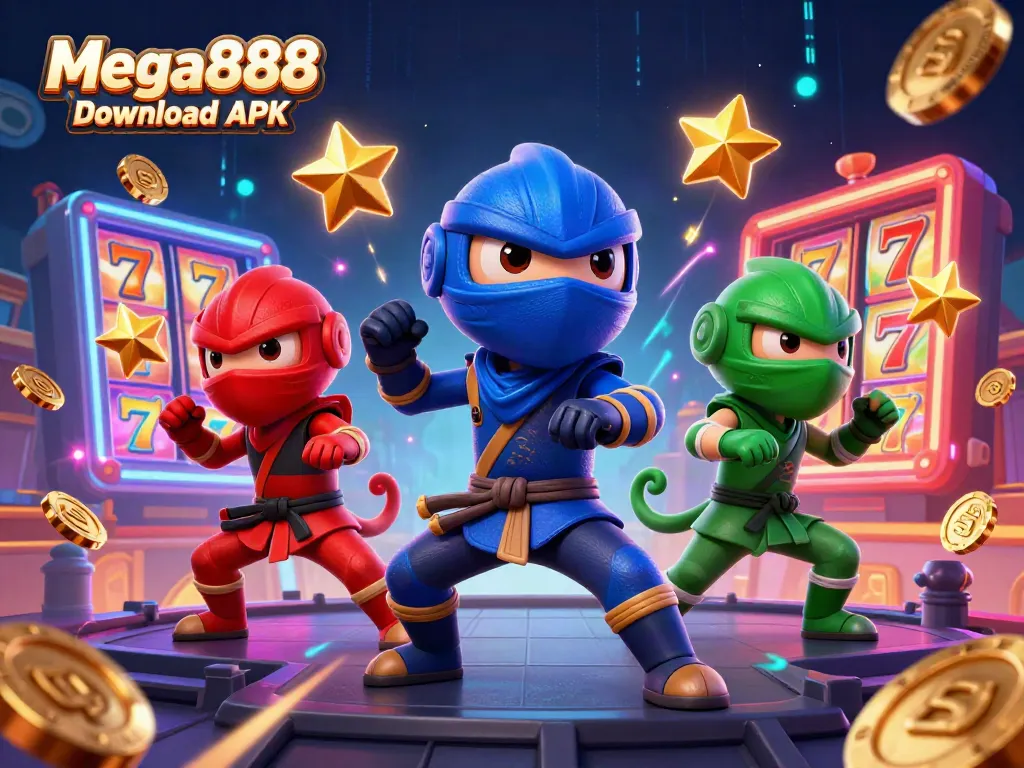 Engage with the excitement of Mega888 download APK, featuring vibrant characters and casino elements.