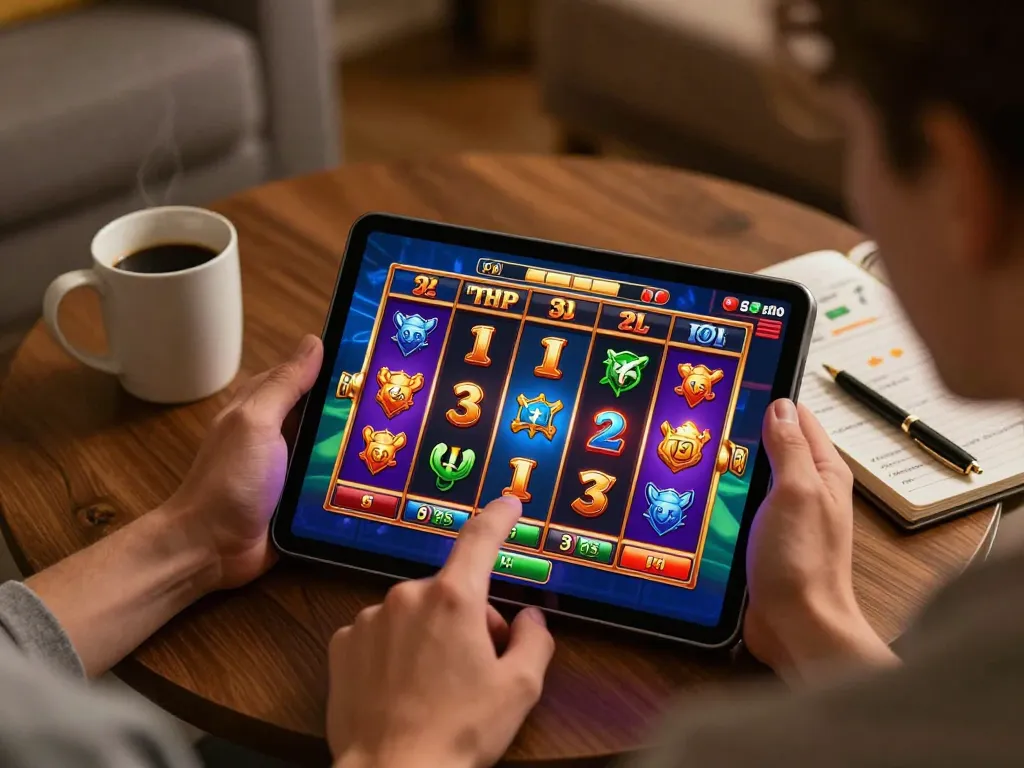 Pemain menikmati permainan slot panda win di tablet dengan grafik 3D yang cerah di setting rumah yang nyaman.