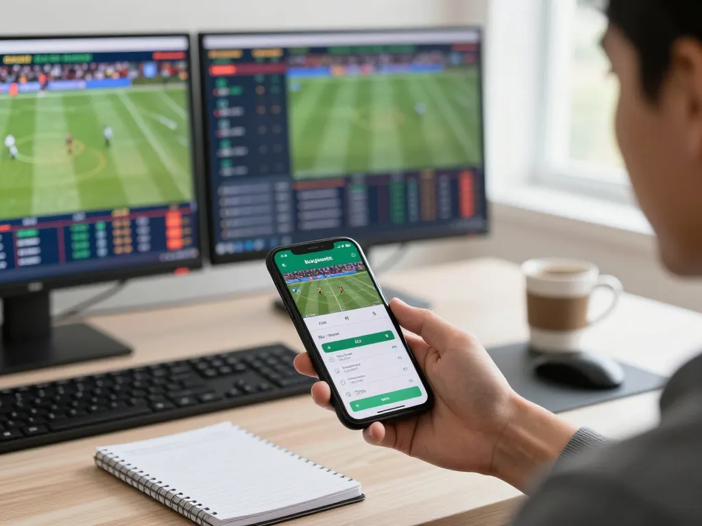 Engaging user placing bets on kerajaanslot app during live sports events in a modern home setup.
