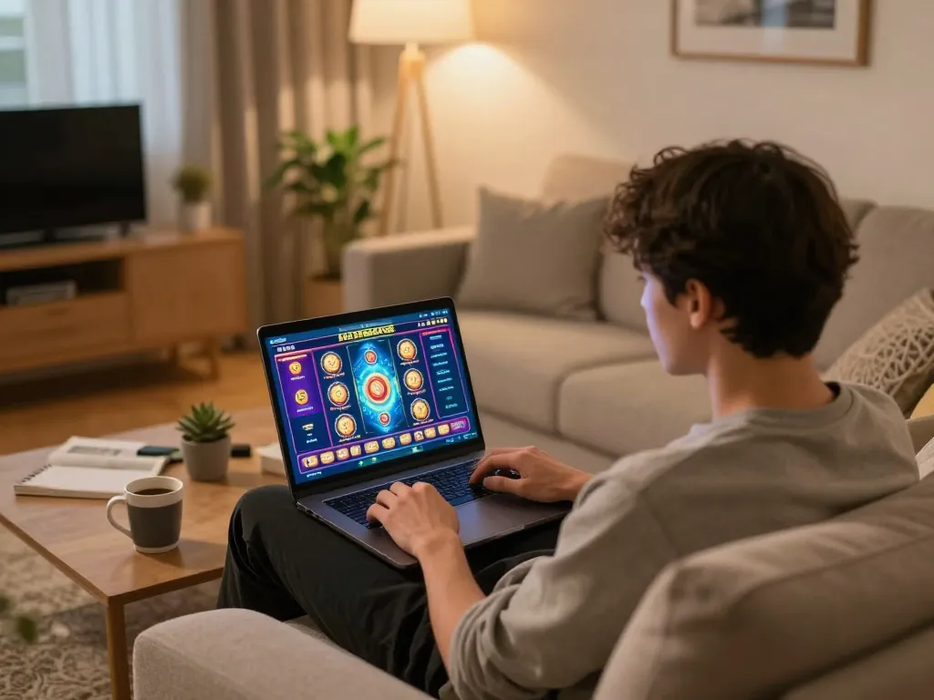 Engaging in online gaming with a bonus new member offer on colorful slots interface from home