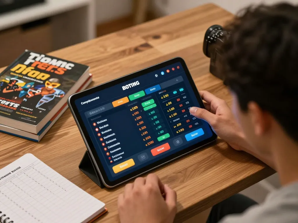 Engaging in keonhacai5 online sports betting on a tablet surrounded by strategy resources