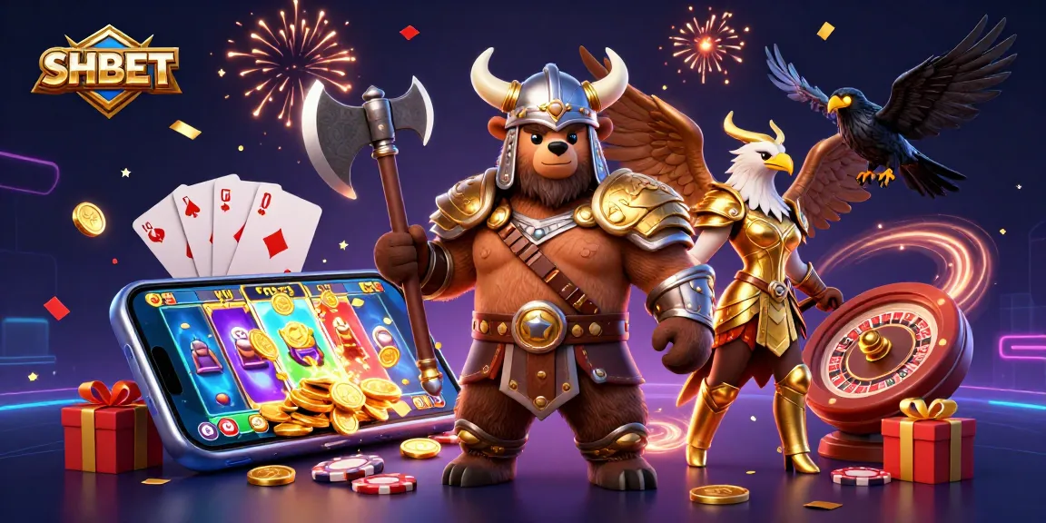 Engage with SHBET's thrilling gaming experience featuring vibrant 3D characters and casino elements.