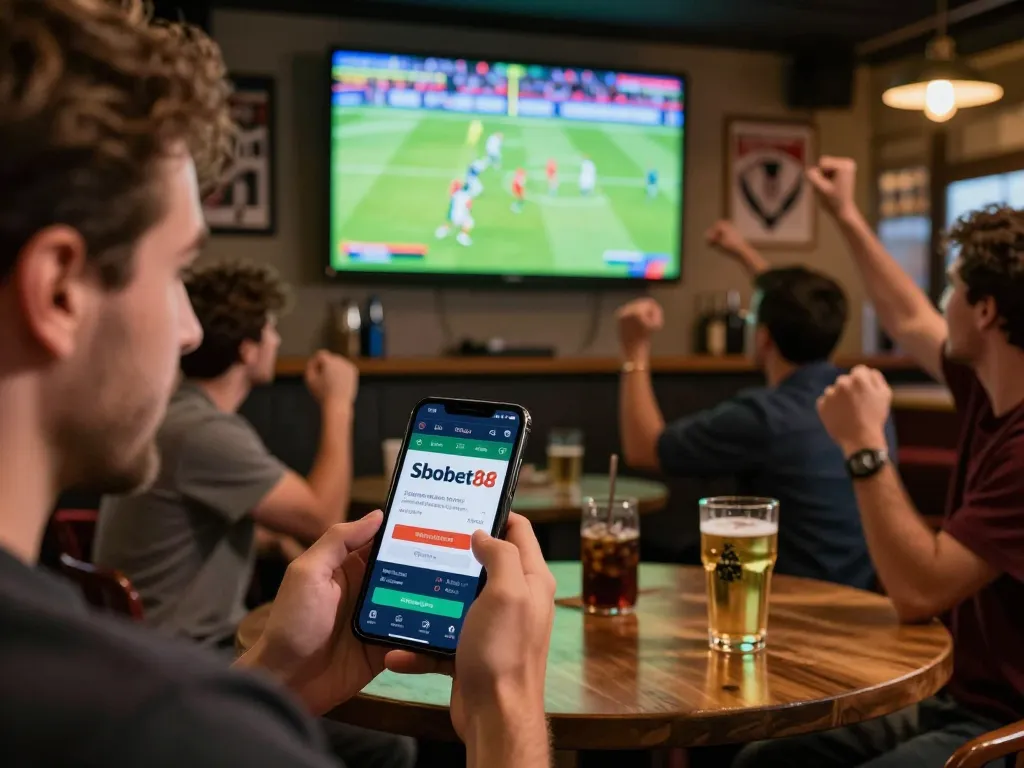 SBOBET88 login used on smartphone during live sports betting at a social venue