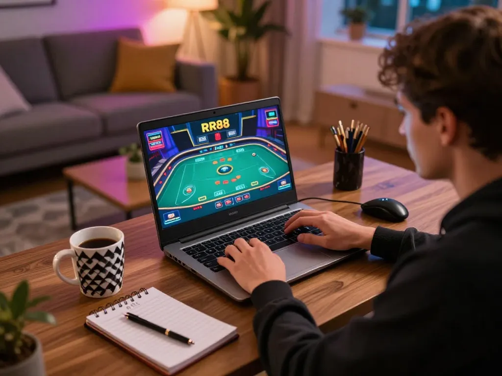 Engaged player exploring game options at https://rr88co.net/ through laptop, emphasizing online casino excitement.