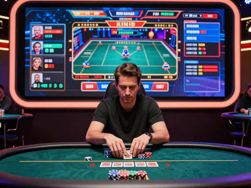 Engaging online gambling scene showcasing nk88.com with a player at a virtual casino table amidst vibrant LED lights and exciting gameplay.