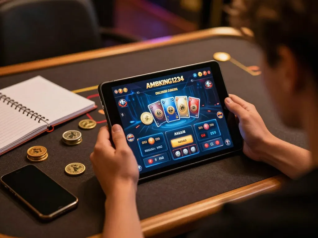 Engaging online gaming experience at AMBKING1234 with ทางเข้า m107 displayed on tablet screen, showcasing strategic play.