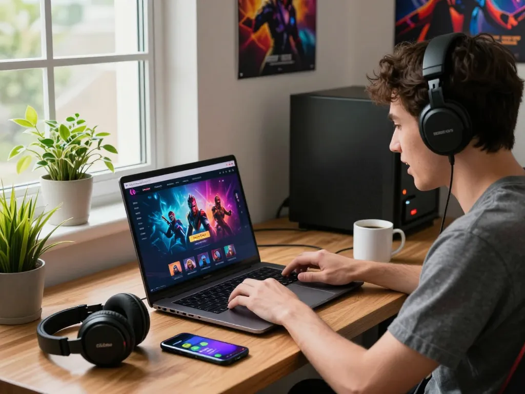 User engaged with kdslot gaming platform at a stylish home workspace, showcasing excitement and gaming elements around.