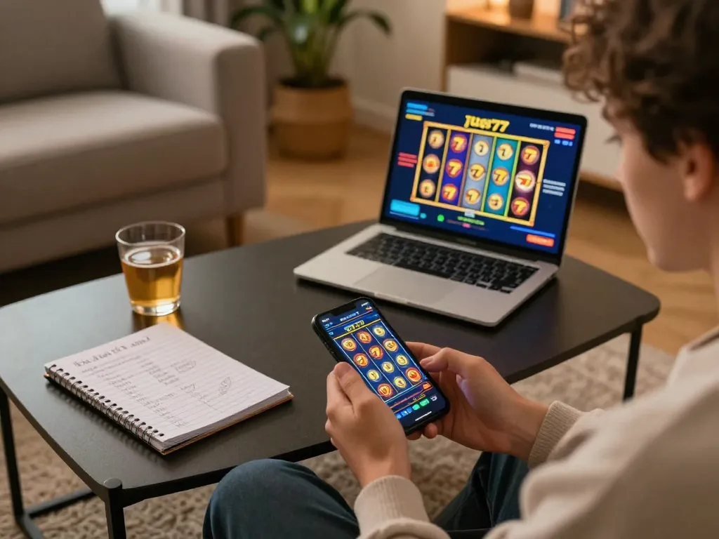 Player engaging with the jus77 online slot interface on smartphone in a cozy home setup