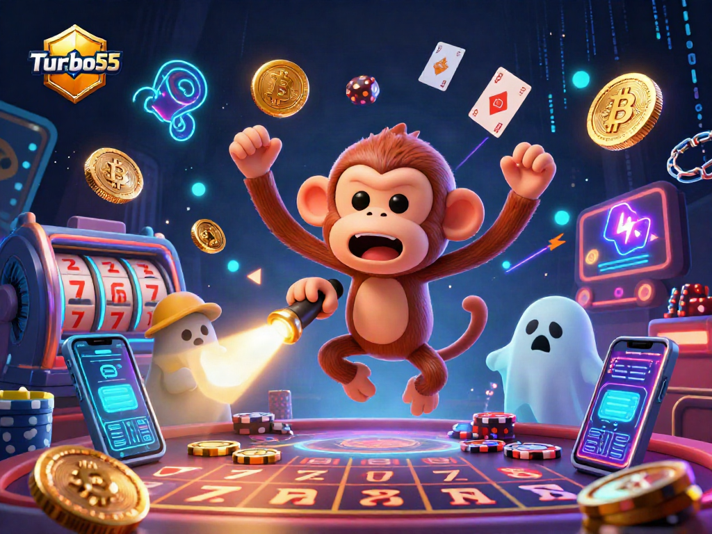 Experience Turbo55's haunted casino with a mischievous monkey juggling gold and a ghost-hunter puppy tracking it.