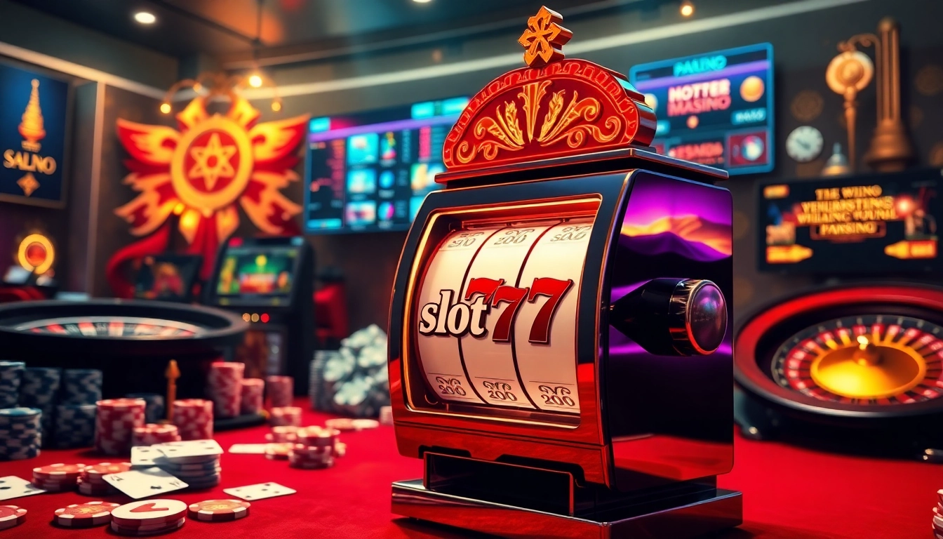 Exciting gaming action featuring the slot777 machine surrounded by vibrant casino elements.