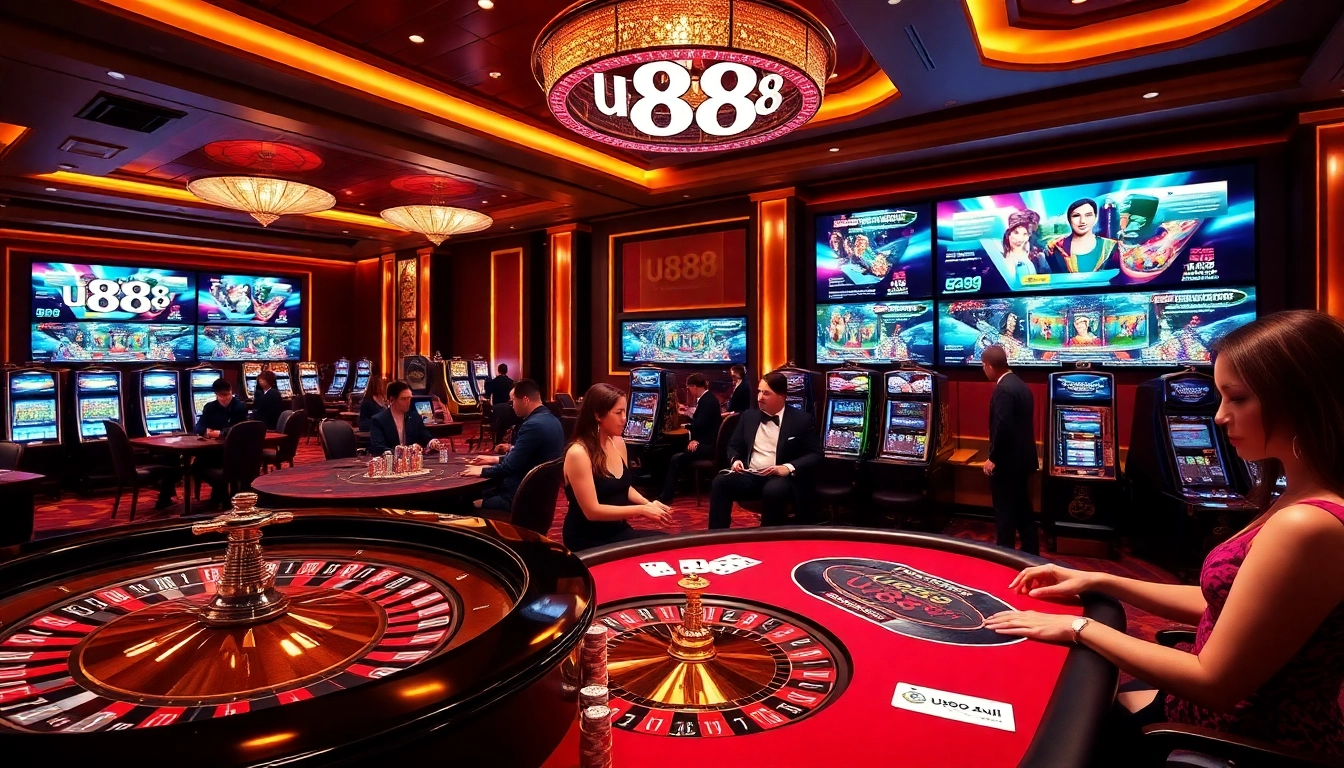 Experience the thrill of U888 at a luxurious casino scene featuring poker and roulette tables.