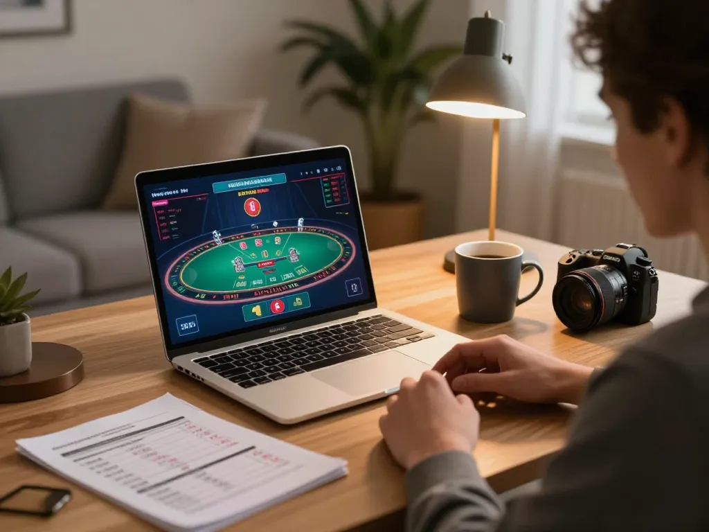 Player engaging with Sunwin online blackjack under warm home lighting, showcasing strategy notes.