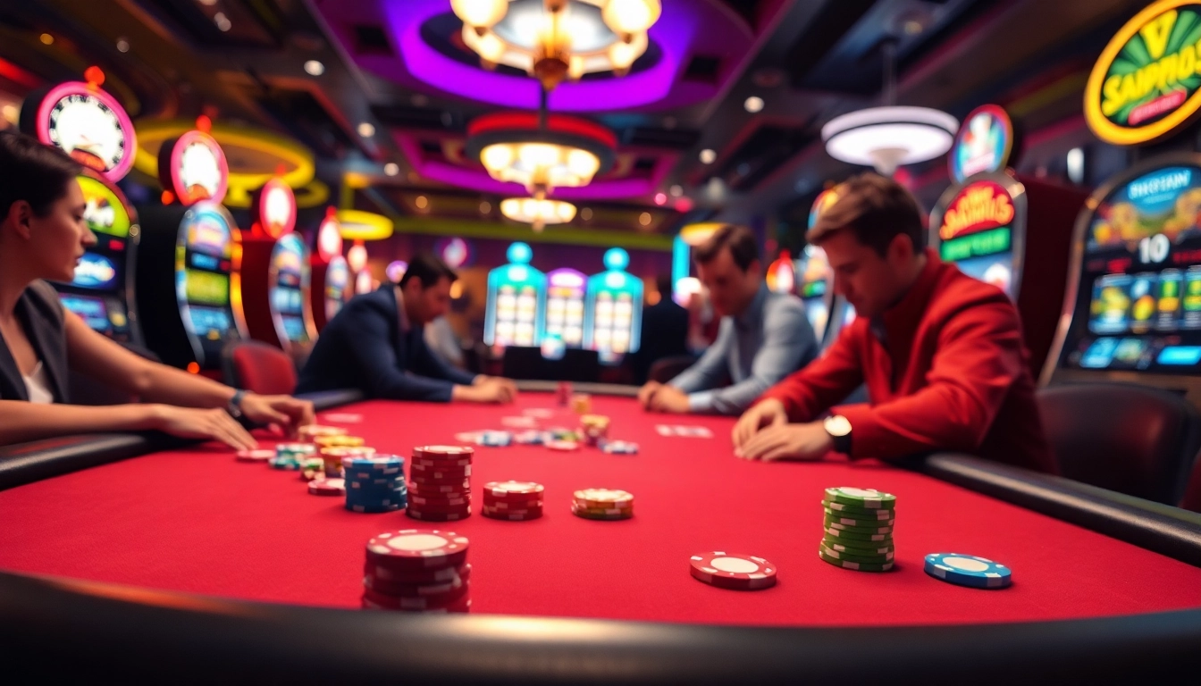 Engaging poker game scene showcasing AT99 casino excitement with colorful chips and players focused.