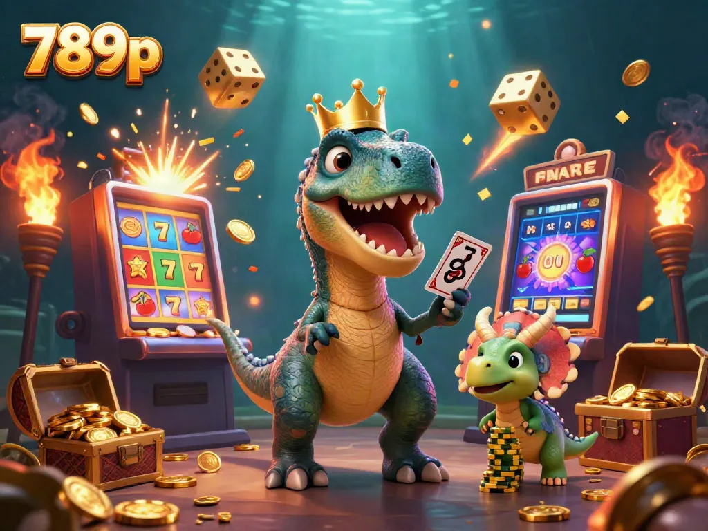 Experience the thrill of 789p with a T-Rex shuffling cards, while a pterodactyl assists in a vibrant casino scene.