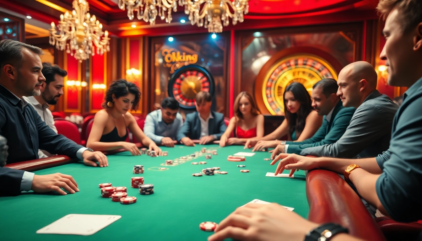 Experience the thrill of high-stakes poker at Okking's luxurious casino table filled with vibrant chips and intense players.
