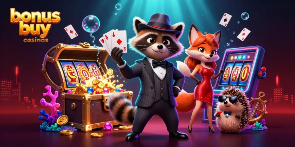 Engaging scenes of bonus buy casinos with characters enjoying slot gaming experiences.