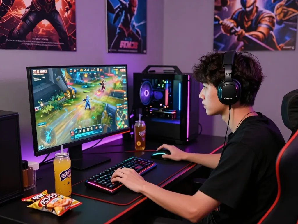 Player immersed in Foya888's thrilling online games, showcasing gaming setup.
