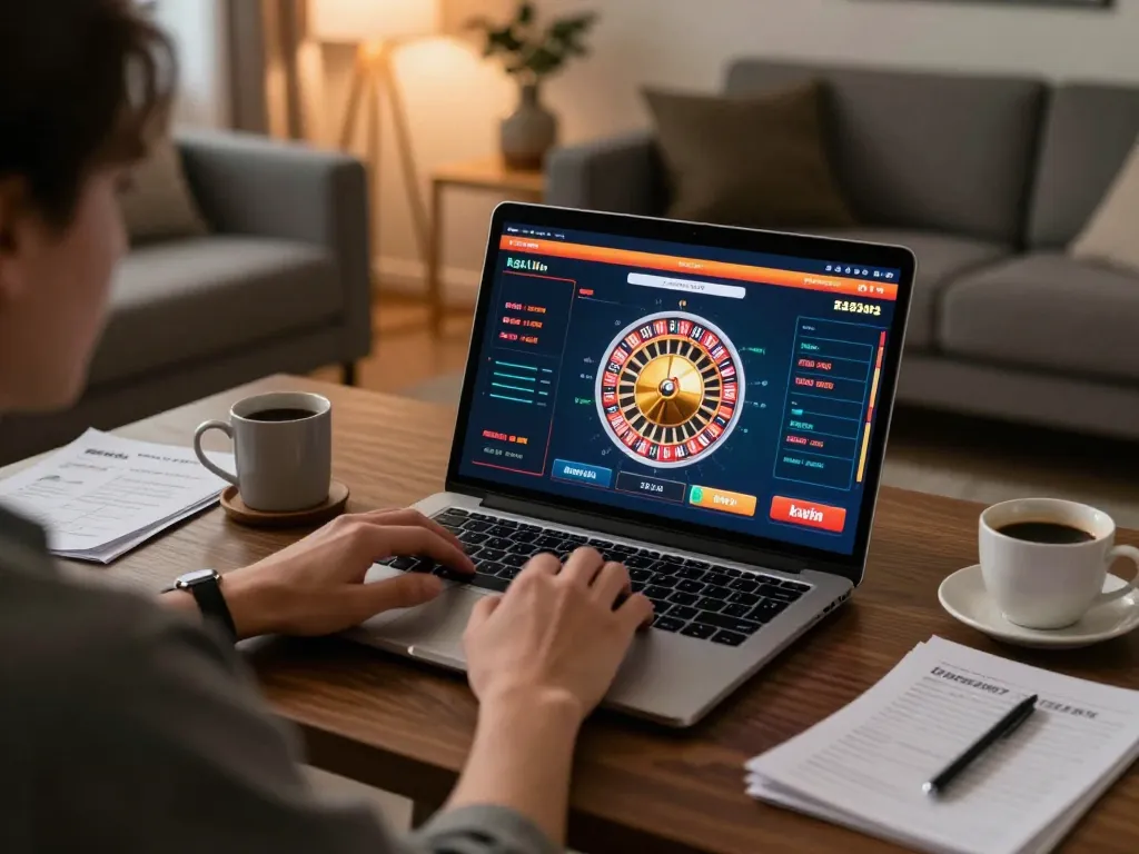 Engaging in online gaming for kkwin win with stylish laptop setup and roulette game displayed.
