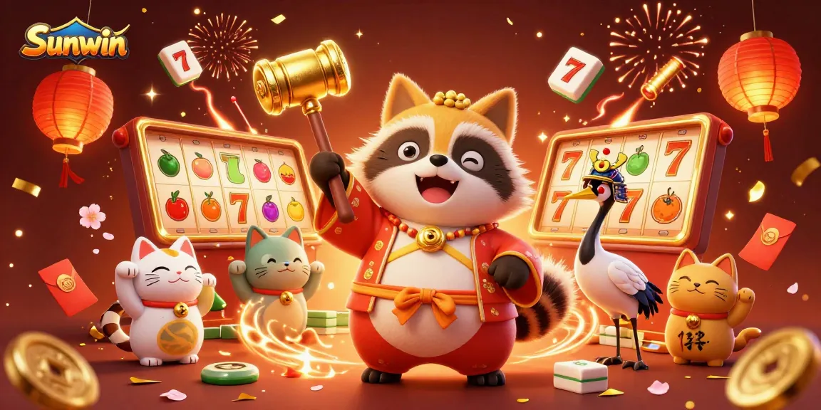 Experience thrilling gameplay with Sunwin as colorful characters celebrate amidst dynamic slot reels and festive decorations.