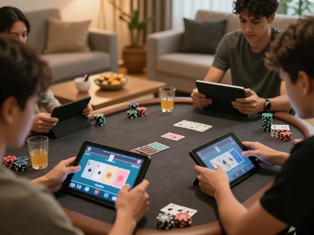68win players engaging in an online poker game in a cozy living room environment