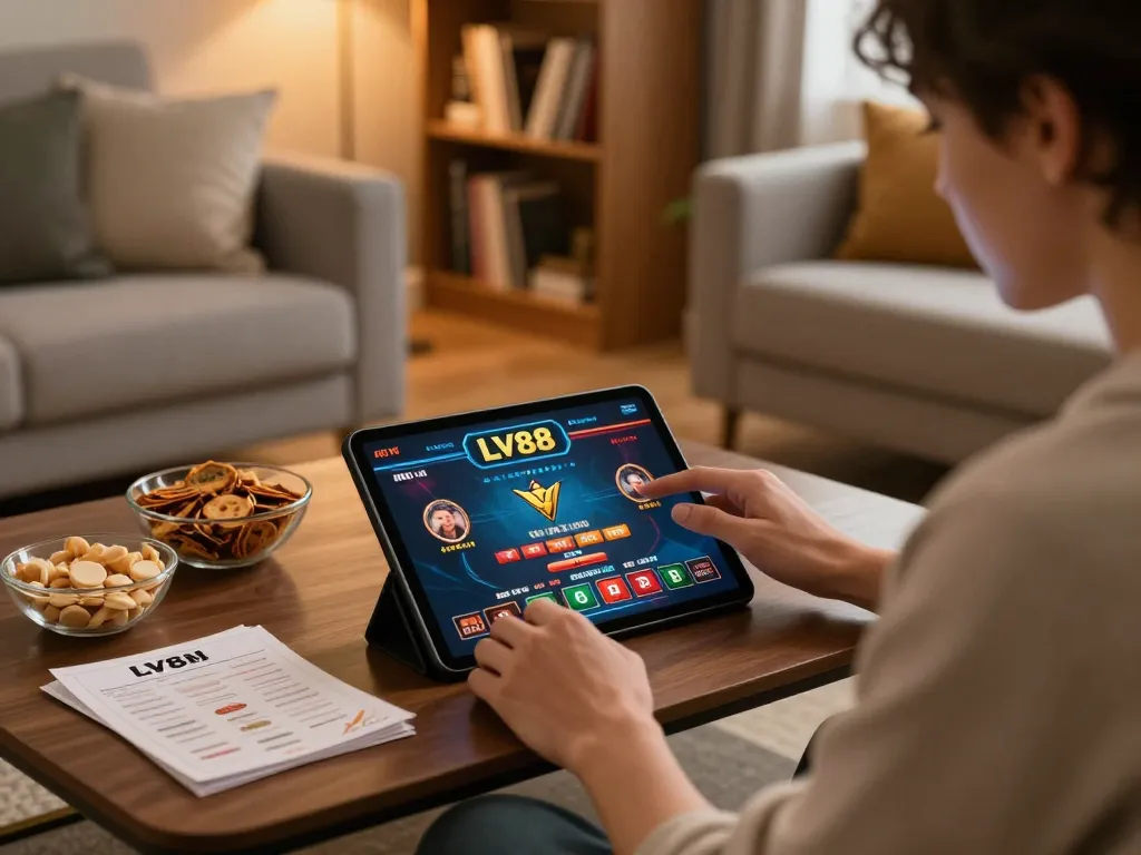 Player engaged in online LV88 casino gaming on tablet in cozy home setting.