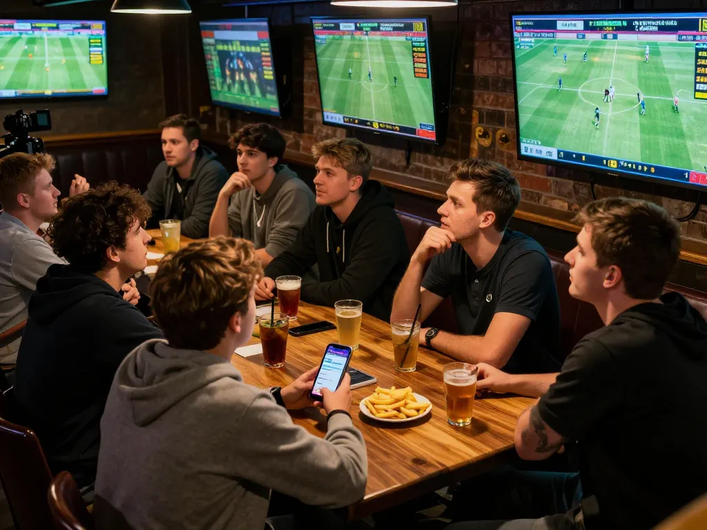 Tỷ lệ kèo bóng đá trực tuyến in action as sports fans place bets while watching live games at a busy sports bar.
