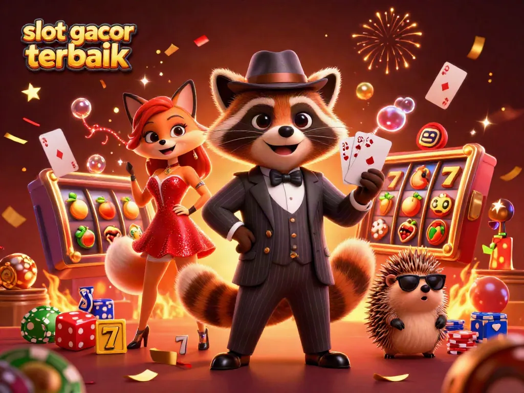 Gambarkan slot gacor terbaik dengan rakun, rubah, dan landak dalam suasana kasino yang megah.