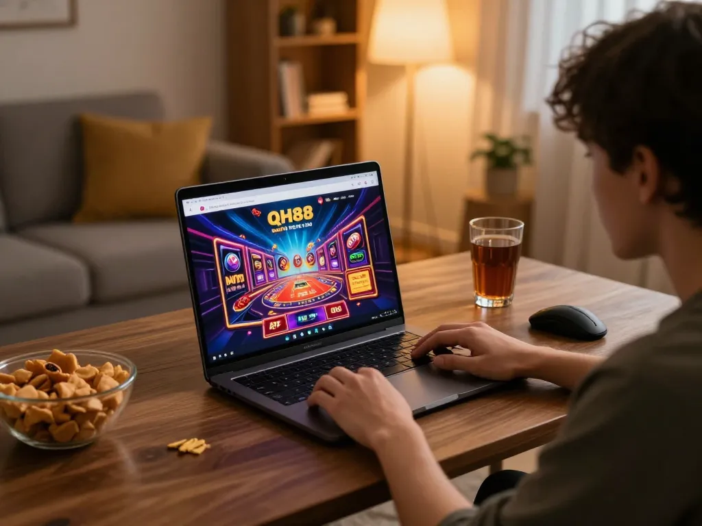 Engaging in online gaming at Qh88 trang chủ with a vibrant interface and cozy home setup.