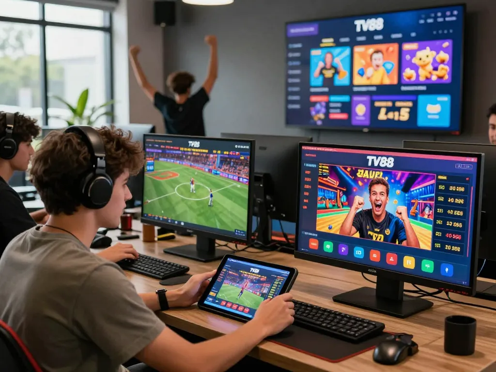 Diverse users engaging in dynamic online betting activities at TV88 Trang chủ, showcasing a modern gaming environment with screens displaying live odds and promotions.