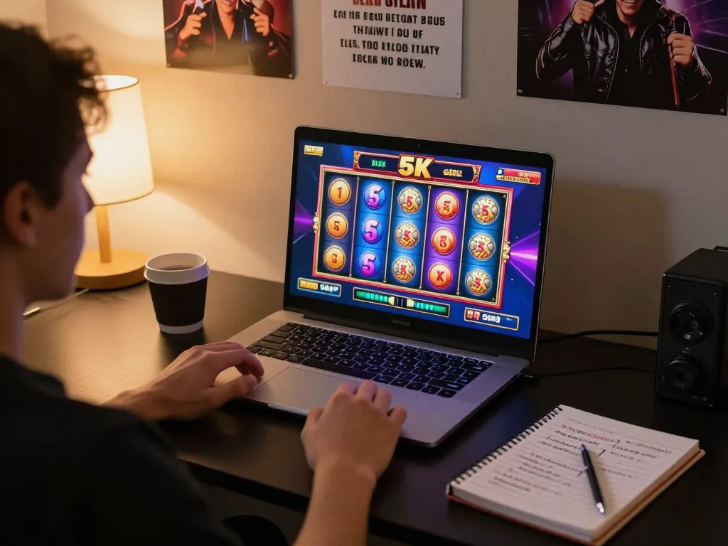 Person playing slot 5k on laptop, showcasing excitement and strategic engagement in online gaming.