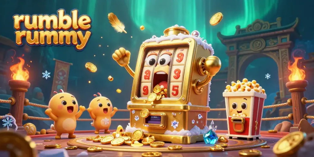 Engaging scene of the rumble rummy slot machine winning a jackpot amongst cheering baby slots and a popcorn machine.