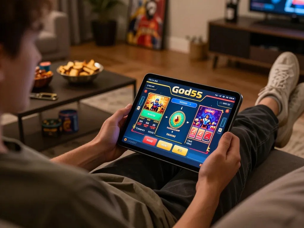 Engaging in god55 mobile gaming with a tablet in a cozy living room setting