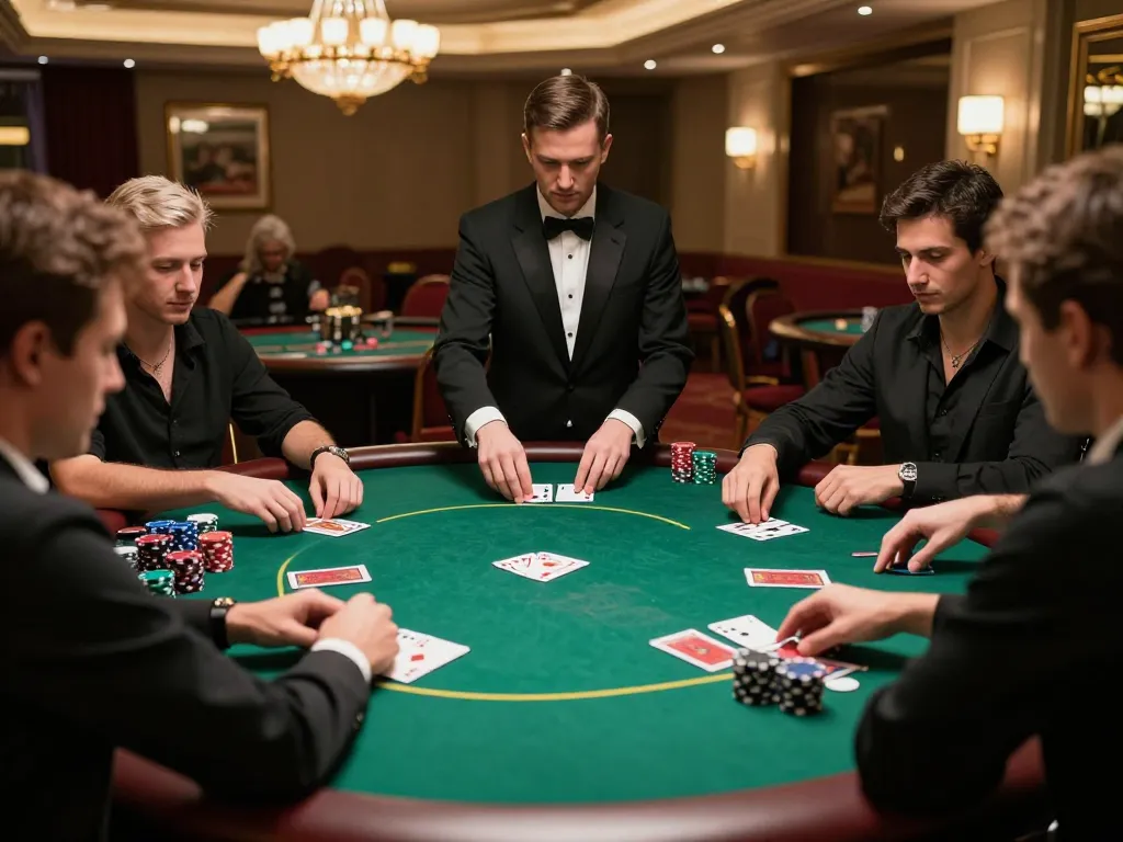 SUNWIN players engaged in an intense poker game at a luxury casino, showcasing focused gameplay.
