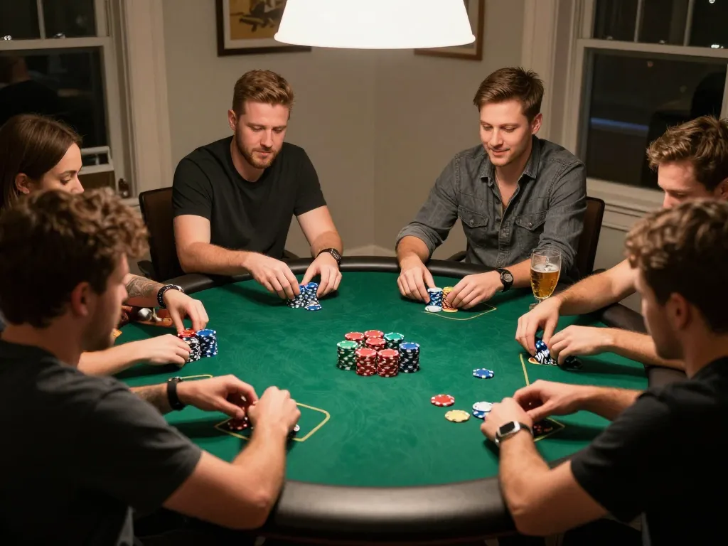 Players engaging in a home poker night with f8beta2 strategy tips visible on cards.