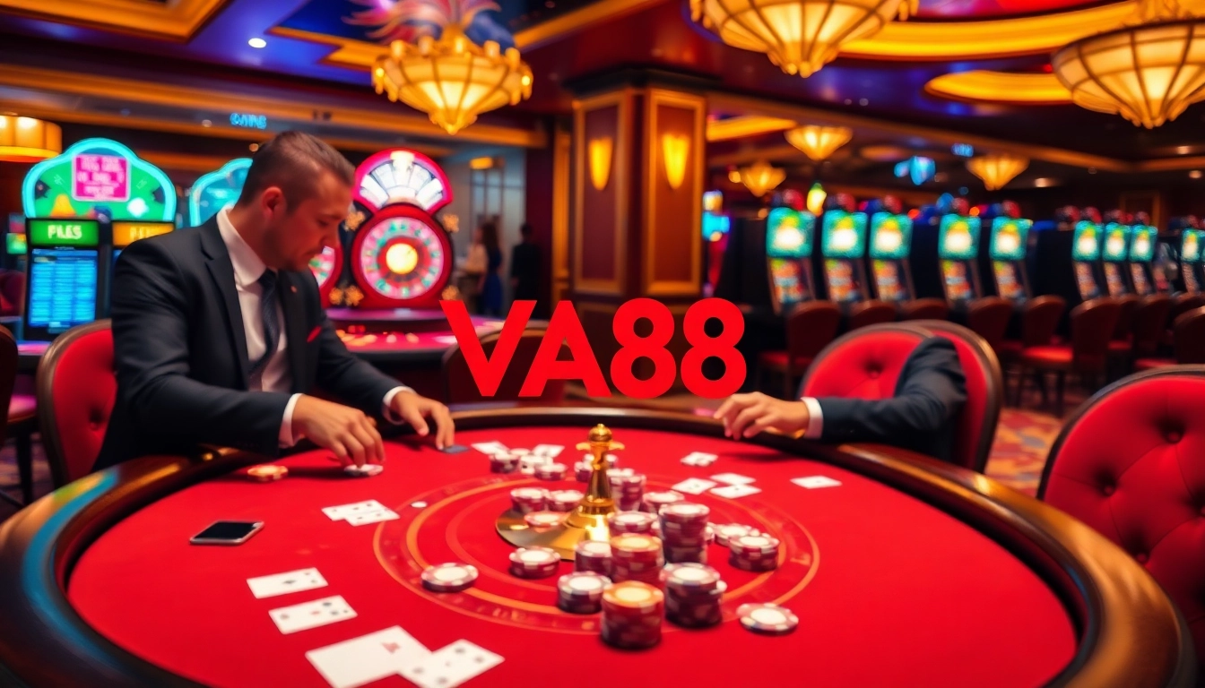 VA88 enthusiasts immerse in thrilling casino games, with poker and roulette in a luxurious setting.