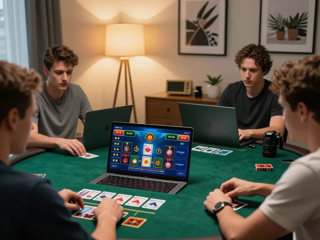 open88 players strategizing during an intense online blackjack game in a cozy home setting