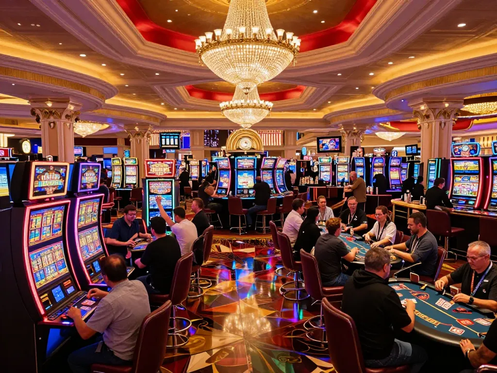 Casino patrons eagerly playing at slot machines surrounded by festive lights and vibrant decor.