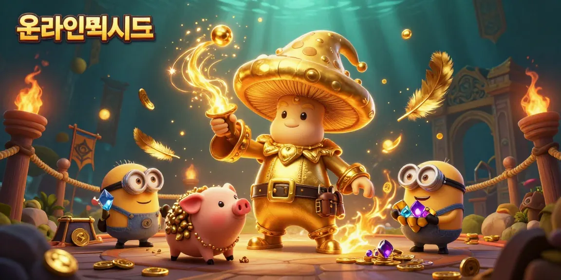 온라인사이트에서 황금 마법사와 보물 찾는 모습이 그려진 3D 일러스트