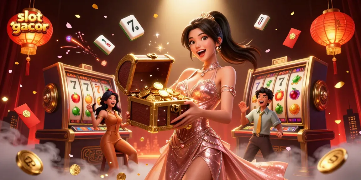 Experience excitement with slot gacor as a joyful Asian woman reveals treasures amidst thrilling game symbols.