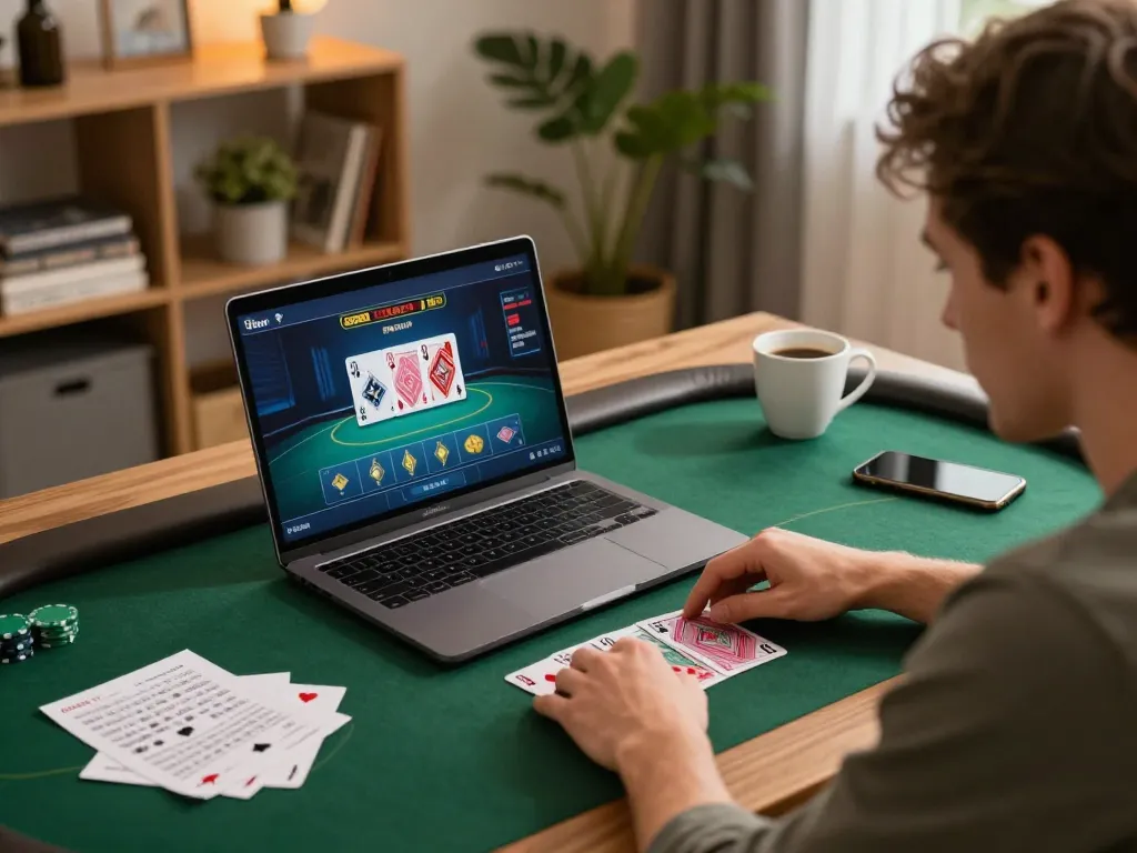 KONG88 player engaged in online poker at home, showcasing strategic gameplay and responsible entertainment.