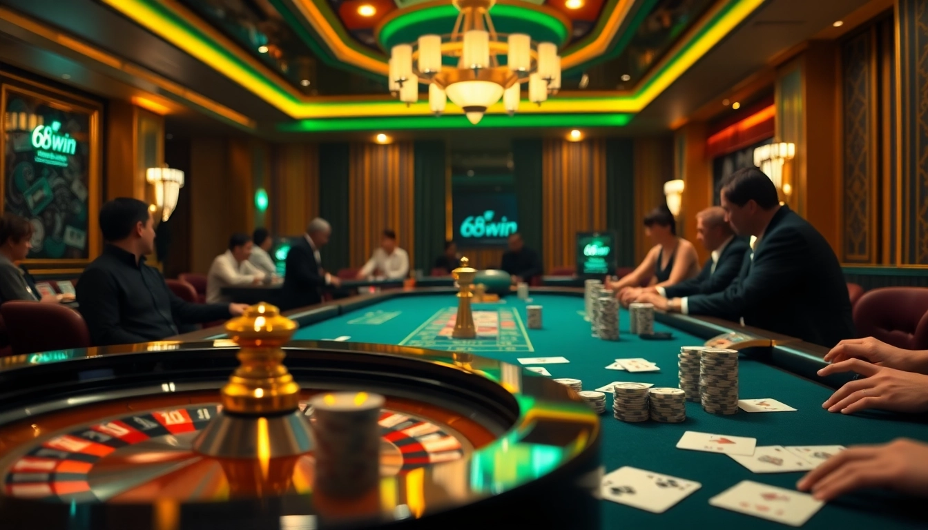 Exciting roulette scene at 68win casino with vibrant chips and players engaged.