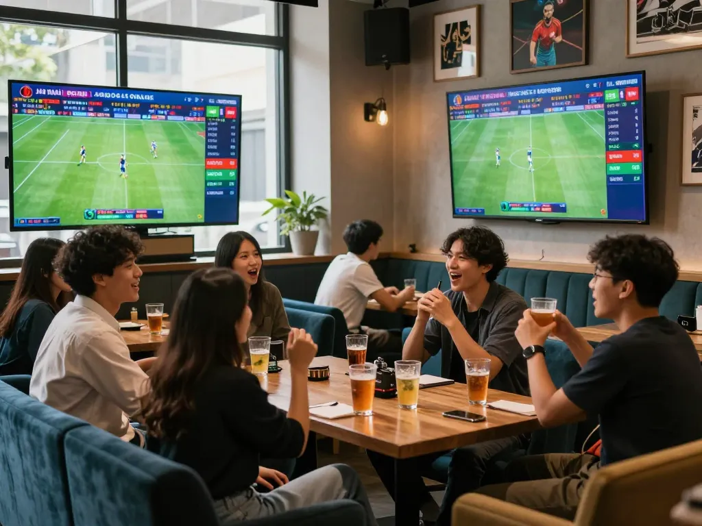 Suasana menarik dari judi bola online di sebuah lounge yang hidup bersama teman-teman.