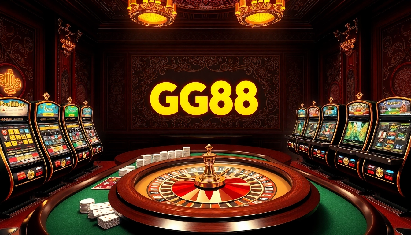 GG88 online casino display featuring vibrant tables and engaging slot machines.