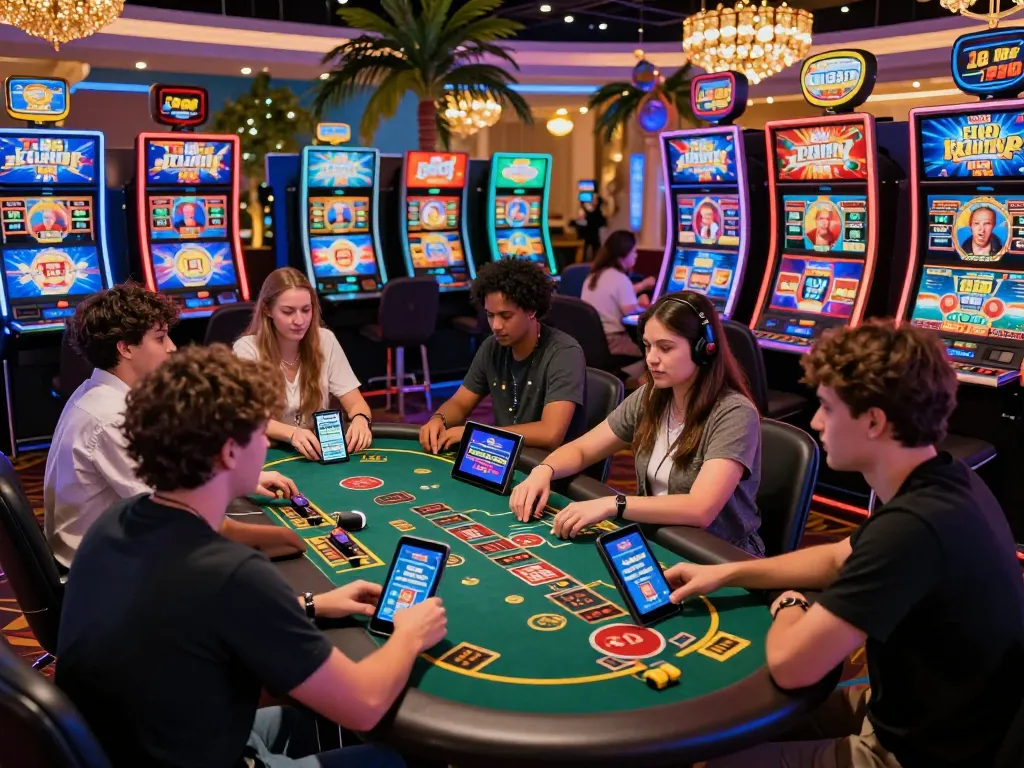 Exciting gaming atmosphere featuring diverse players enjoying a vibrant online gaming experience at AF88 Trang chủ, highlighting casino games and mobile accessibility.