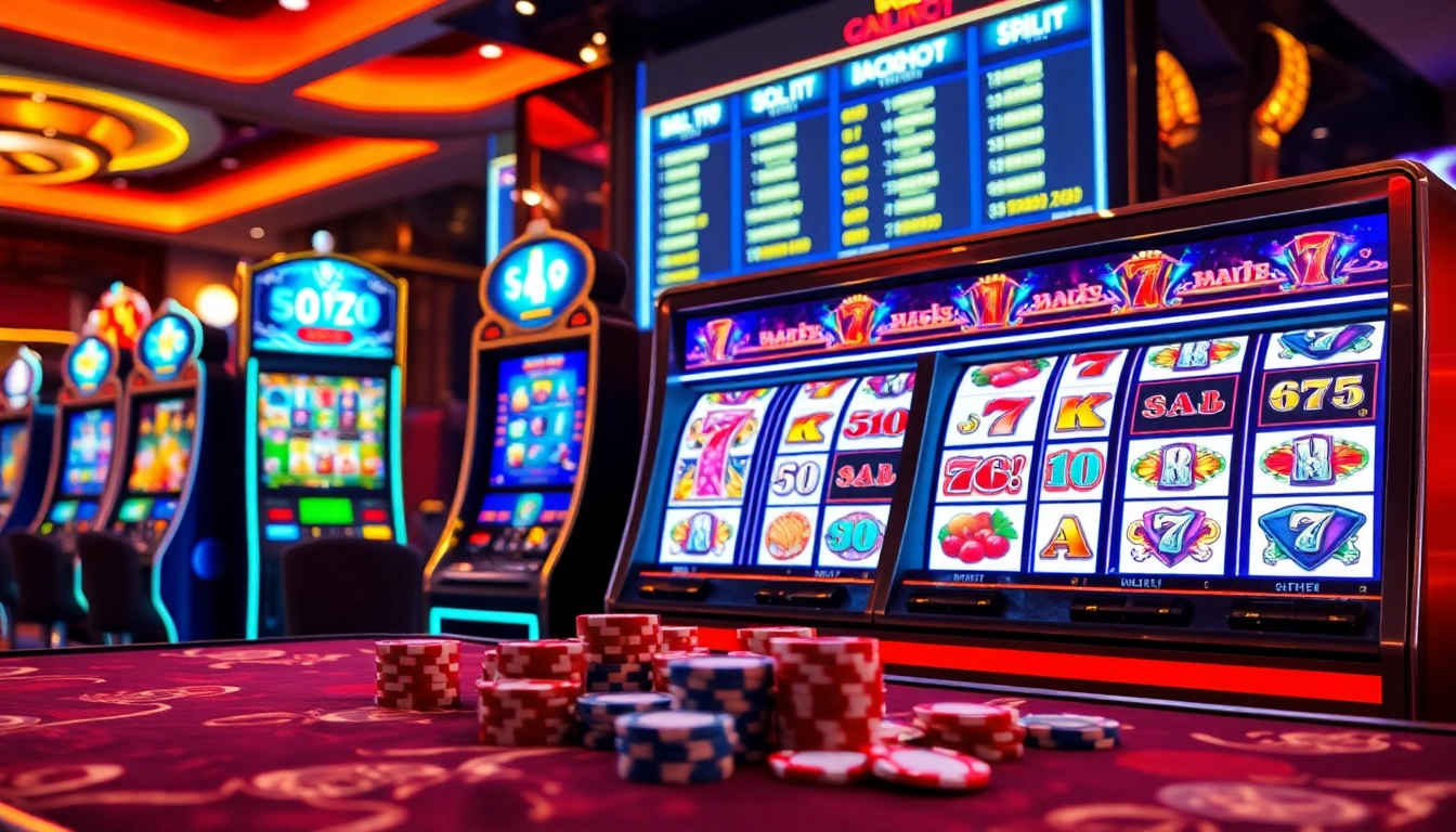 Excited players spinning slot machines in a luxurious online gaming environment - Slot Online experience.