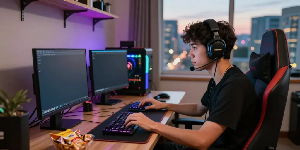 Gamer engrossed in ORION88 mobile app with vibrant gaming setup.