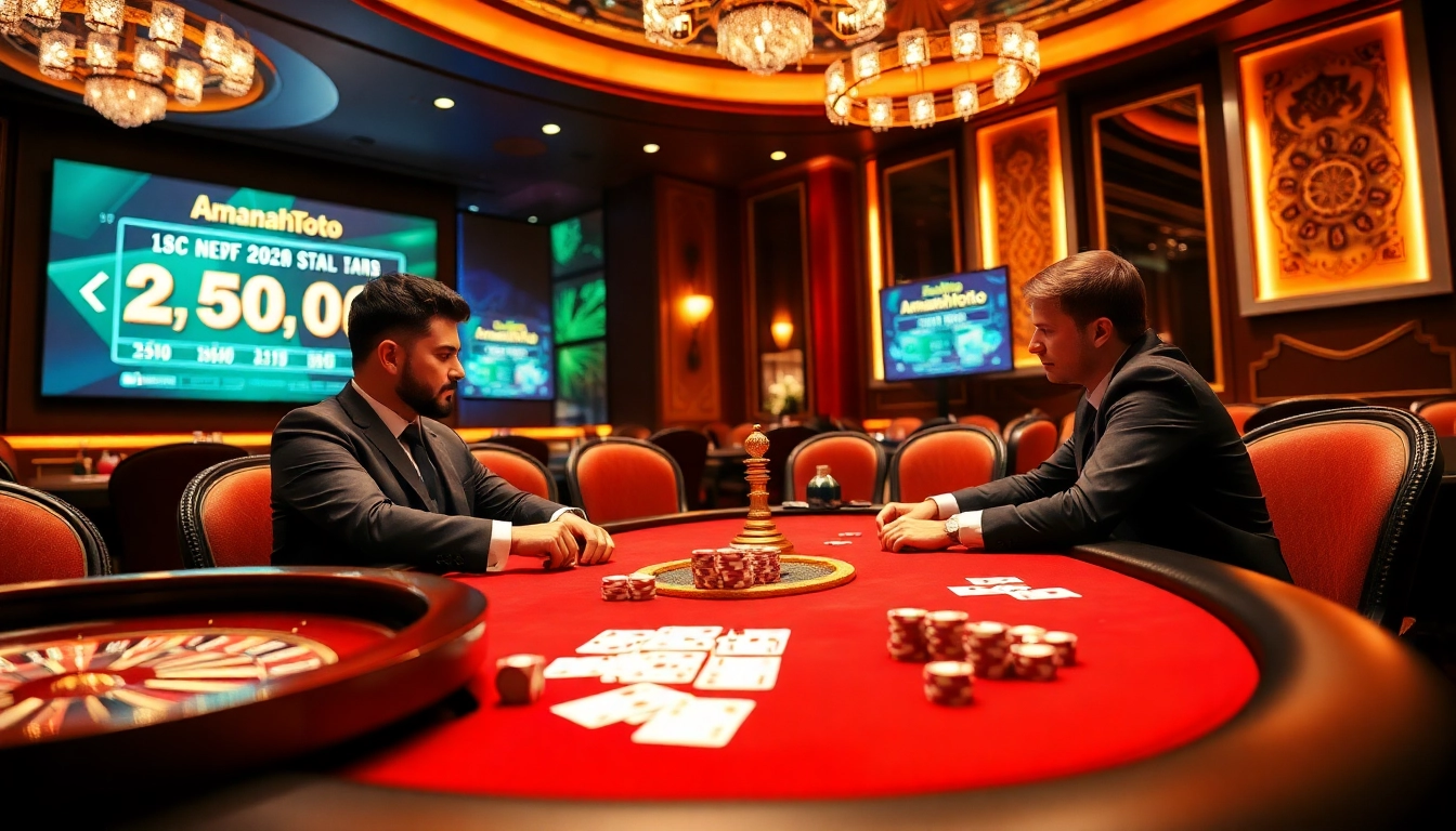 Experience thrilling gameplay at amanahtoto's vibrant casino, featuring poker tables and roulette wheels.
